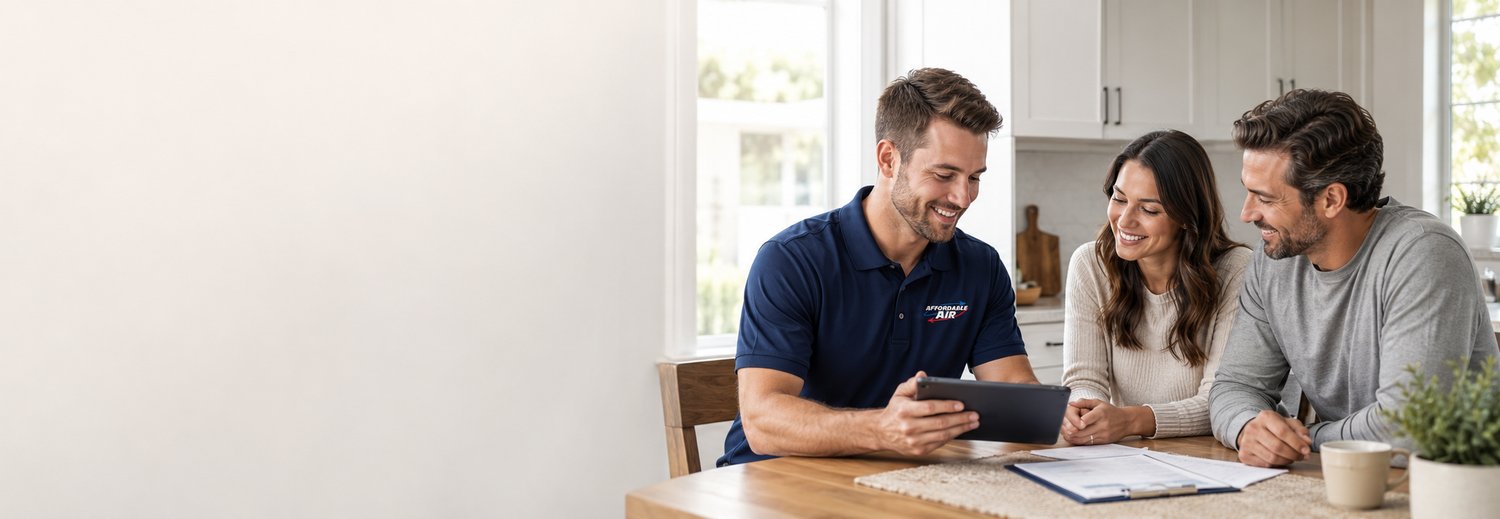 An Affordable Air technician going through options with homeowners at their kitchen table