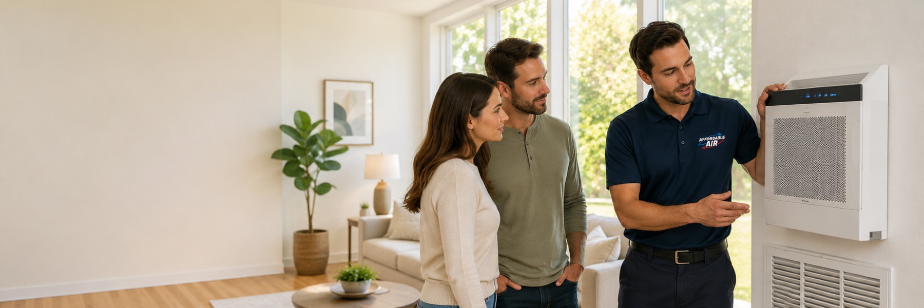 An Affordable Air technician showing homeowners a wall mounted air purification unit in a bright living room