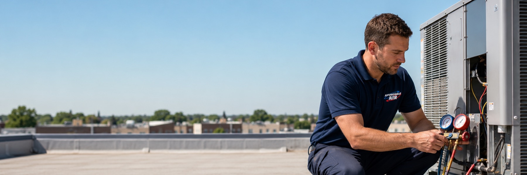 An Affordable Air technician servicing a packaged rooftop unit on a commercial building
