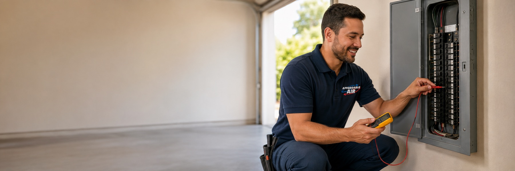 An Affordable Air electrician testing a circuit at an open residential breaker panel
