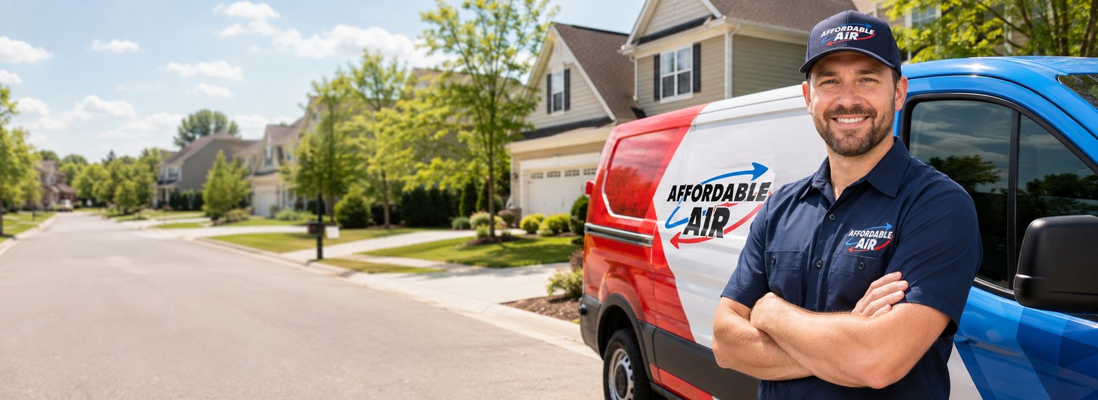 An Affordable Air technician in front of a branded service van on a Chillicothe street